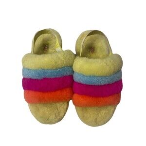 UGG Girls Fluff Yeah Neon Rainbow Multi Color Fuzzy Slippers Big Kids Size 3